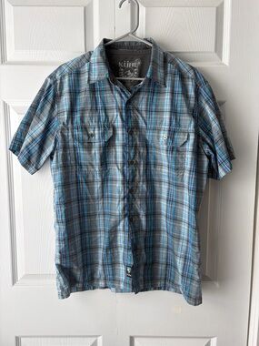 Kuhl Men’s Eluxur Short Sleeve Button Down Shirt Turquoise/Gray Plaid Size Large